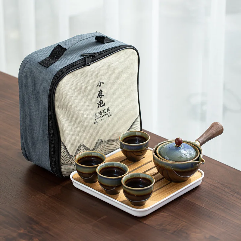 Juego de t&eacute; chino de viaje Gongfu, tetera port&aacute;til con rotaci&oacute;n de 360, fabricante de t&eacute; e infusor, bolsa todo en uno-4