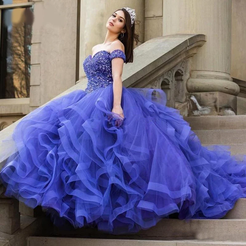 Blue Quinceanera Dresses Ball Gown Luxury Crystals Sequin Tulle Prom Party Debutante Sixteen Sweet 16 Dress vestidos de 15 anos