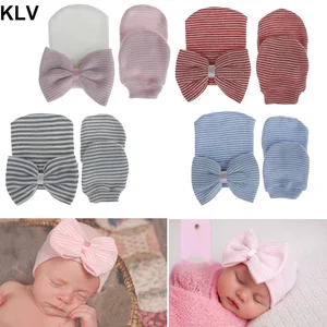 Шапочка и рукавица для новорожденных, вязаная, мягкая, с большим бантом