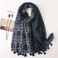 2022 fashion navy blue floral patchwork tassel viscose shawl scarf high quality wrap pashminas stole bufandas muslim hijab snood