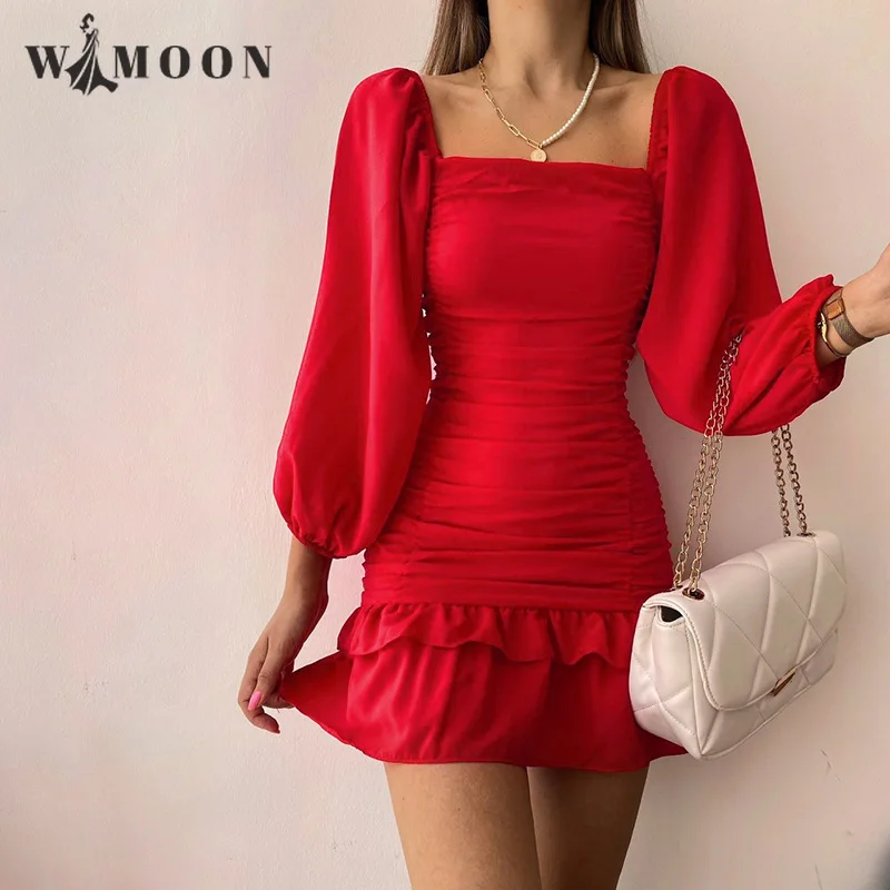 

Платье-карандаш с длинным рукавом и пышными рукавами, Осеннее Новое соблазнительное облегающее клубное мини-платье с квадратным вырезом и ...