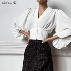 Mnealways18, женские укороченные блузки с рукавами-фонариками, винтажные кирпичные красные топы, Женская короткая рубашка с V-образным вырезом, приталенная Блузка с драпировкой