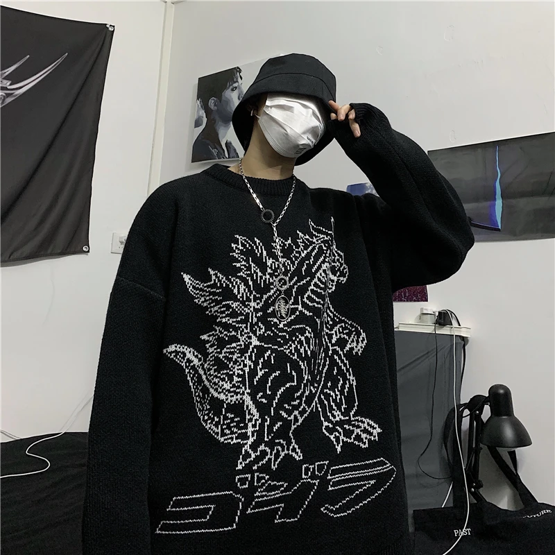 Cartoon Monster Sweater Retro Dinosaur Cotton Loose Round Neck Long Sleeve Knit Thick Harajuku Female | Женская одежда