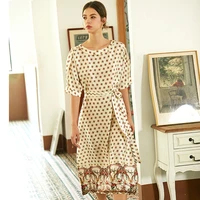 100 silk dress women casual style flower printed o neck long sleeve dresses elegant new fashion