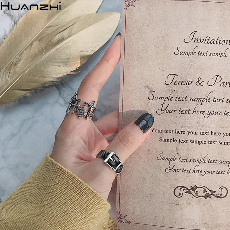 HUANZHI 2020 New Hip Hop Tibetan Silver Irregular Cross Belt Hollow Out Retro Adjustable Opening Ring for Women Men Jewelry | Украшения и