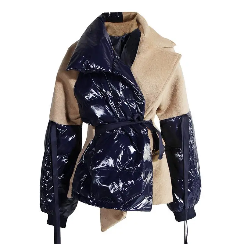 Getspring Women Parka Wool Patchwork Bandage Women Winter Jacket Warm Parka Fashion Winter Color Matching Coat Winter - Цвет: Black