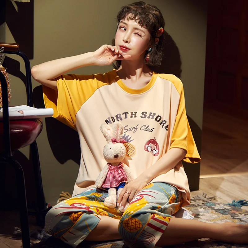 Простая Пижама женские пижамы Хлопковые пижамные комплекты с коротким рукавом