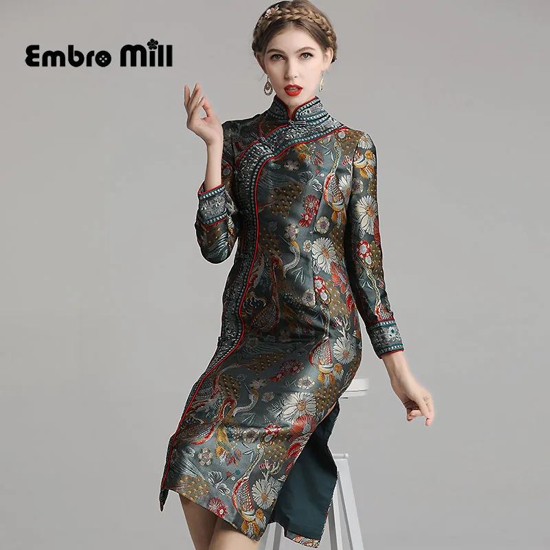 Женское жаккардовое платье Ципао облегающее в китайском стиле с вышивкой и