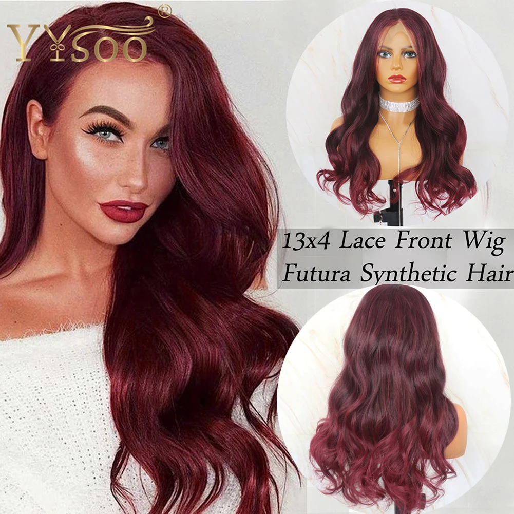 YYsoo13x4 Long Body Wave Red Mixed Black Futura Synthetic Lace Front Wigs Natural Hairline Japan Highlight Wig 4inch Deep Part