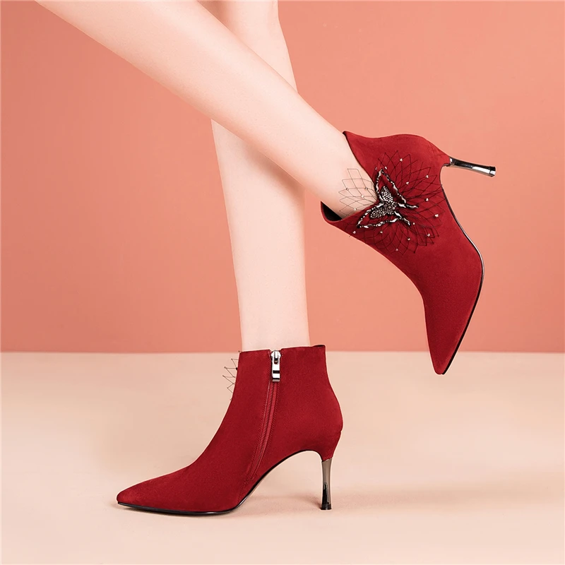

CONASCO High Quality Kid Suede Women Ankle Boots Sexy Elegant Appliques Pointed Toe Thin Heels Shoes Woman Autumn Winter Boots