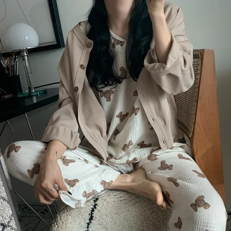 Sleeveless Cartoon Bear Summer Pajamas Set Women Korean Kawaii Tank Tops Pants Set Two Piece Sleepwear Home Suit Cotton Homewear