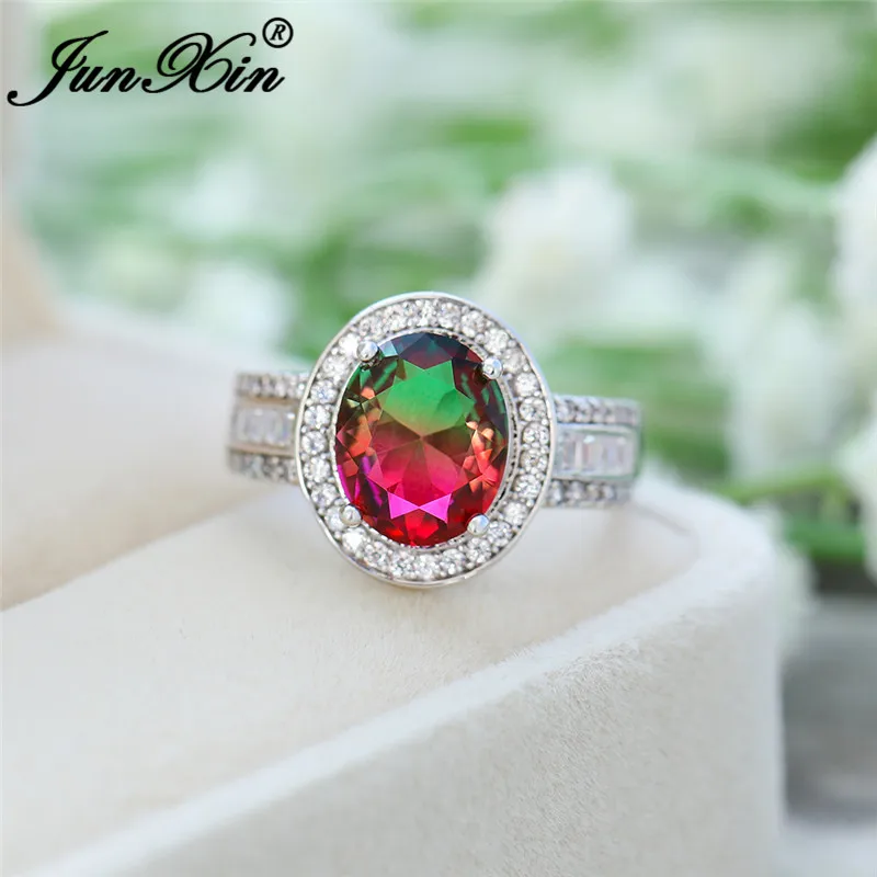 Luxury Big Oval Mystic Rainbow Fire Crystal Rings For Women Silver Colorful Rose Red Green Zircon Wedding Bands Boho Jewelry | Украшения и