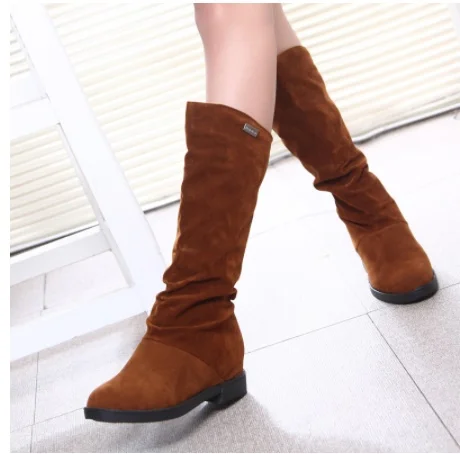 Ботинки женские из флока матовые сапоги до середины икры на низком каблуке обувь