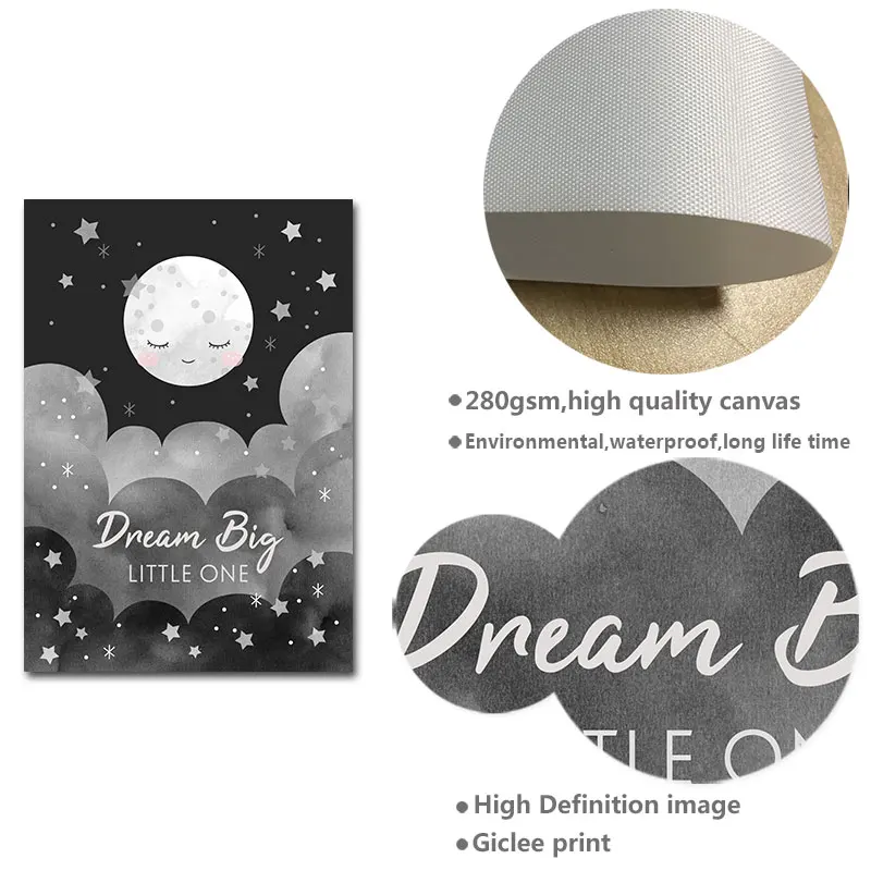 Черно-белый детский плакат Луна Звезда мультяшный фон Картина на холсте в