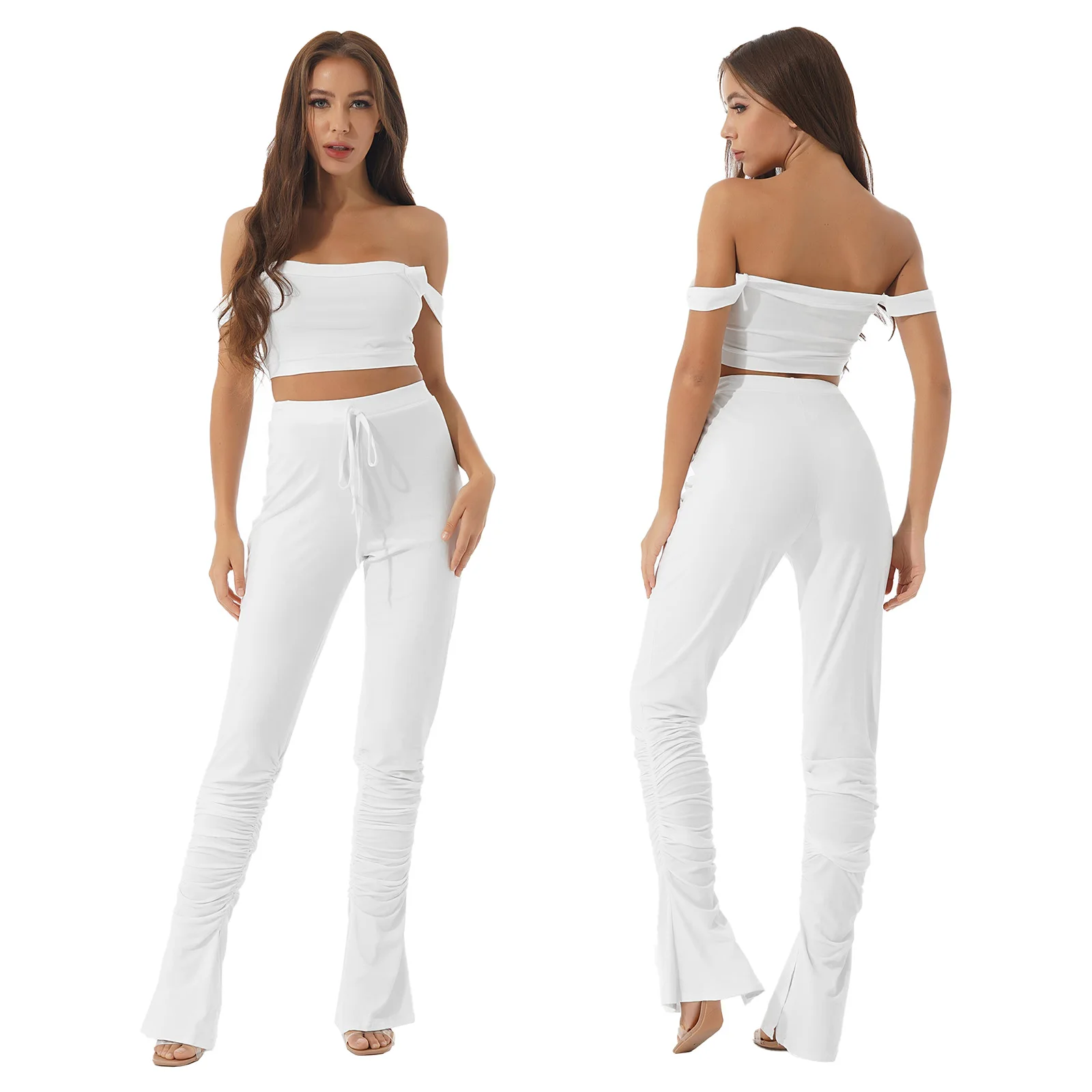 

Sexy Women Pure Color Summer Suits Shoulder Straps Cropped Top with High Waist Ruffled Bell Pants Set 2Pcs Gym Yoga Fitness Set