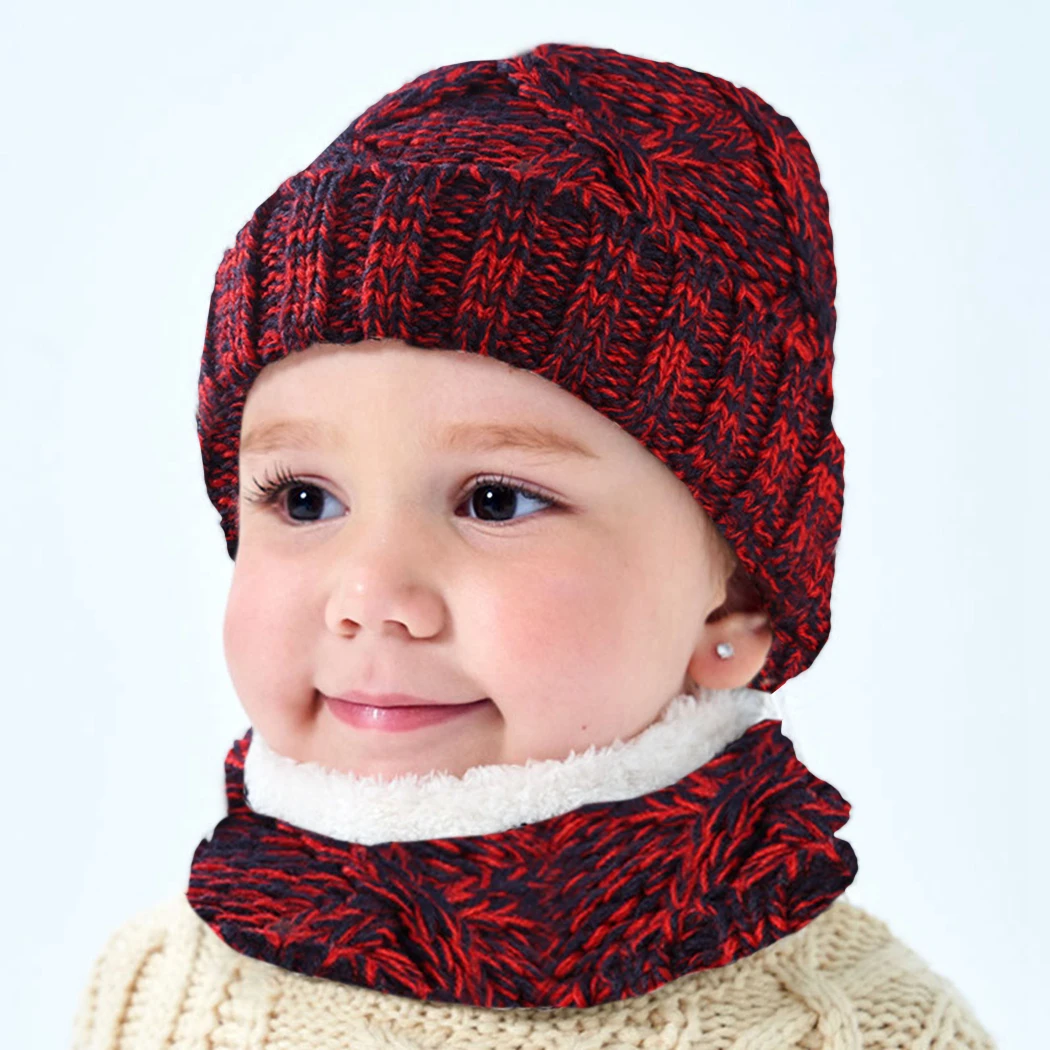 Теплые флисовые Вязанные Трикотажные Шапочки Snood комплект зимняя уличная детская шапка шарф Детские шапки Скалли Лыжные шапки для мальчиков и девочек