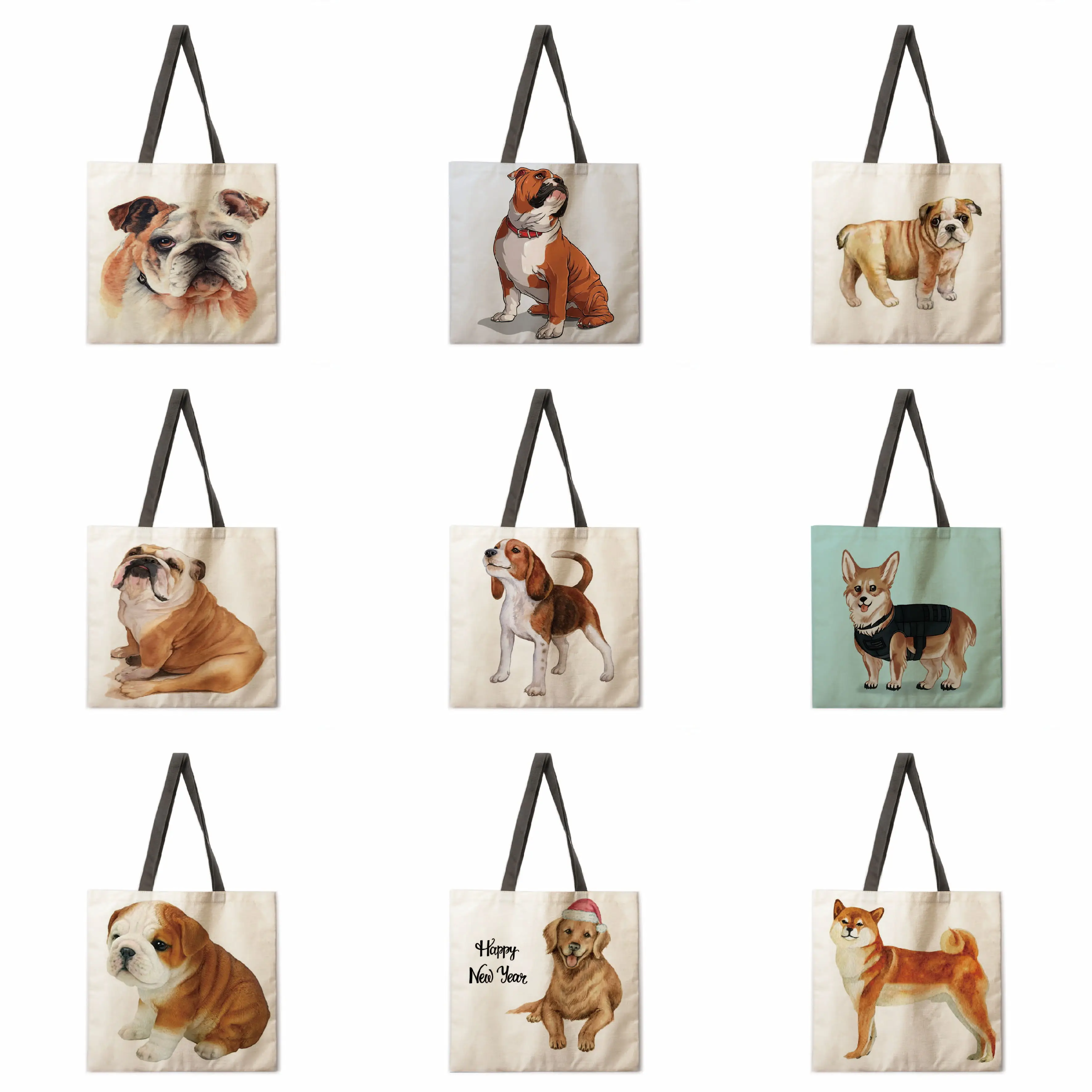 

White bottom French bucket printing handbag ladies shoulder bag linen fabric casual handbag foldable shopping bag reusable