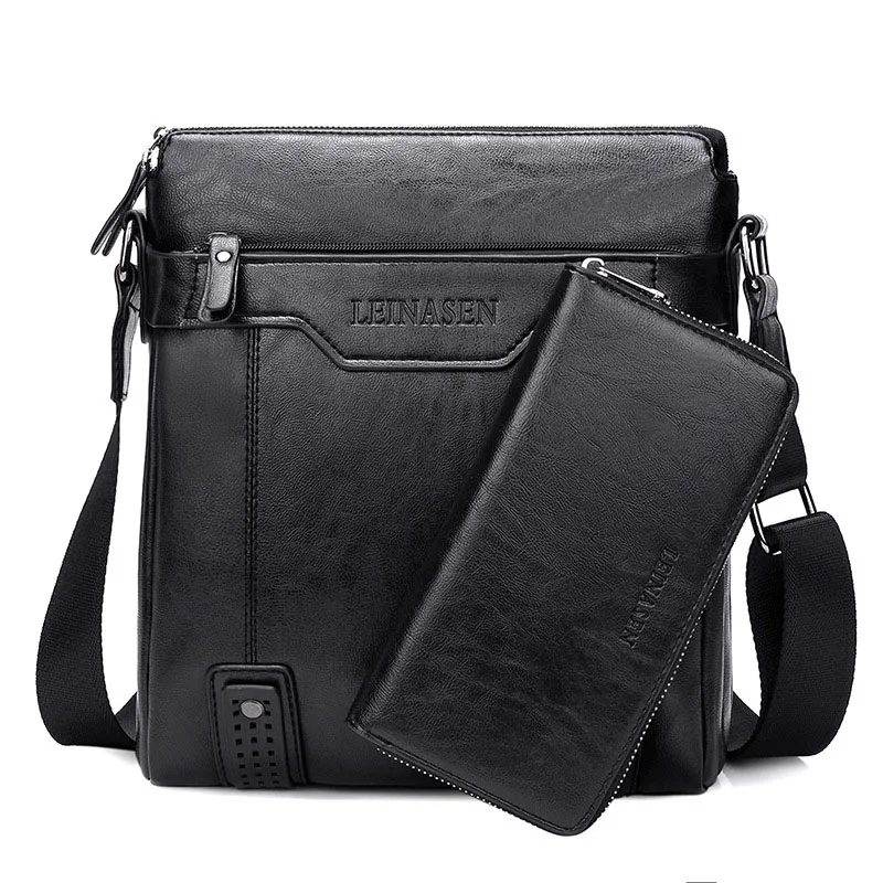 black set Мужской кожаный портфель из ПУ материала 15 дюймов Мужская сумка на плечо для мужчин сумки через плечо Модный деловой портфель сумка - Цвет: black set