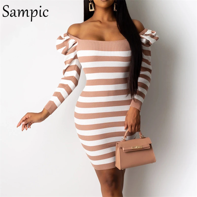 Sampic сексуальное женское Полосатое Пышное трикотажное платье свитер с длинным