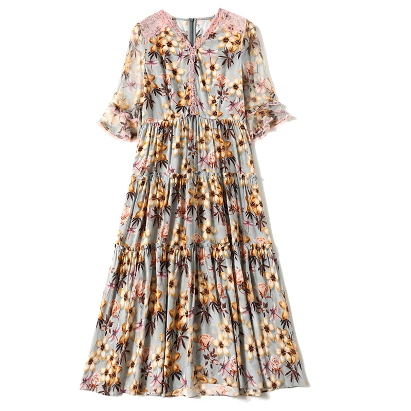 

100% Natural Silk Women's Dresses Sexy V Neck Half Sleeves Lace Patchwork Floral Printed Ruffles Fashion Mid Summer Dress