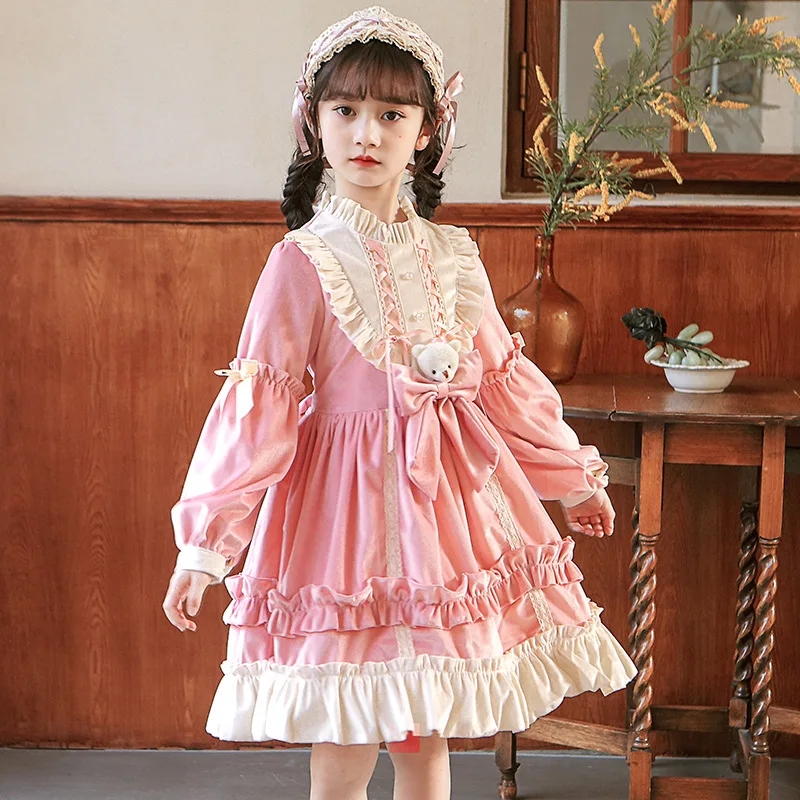 Spring Children Lolita Style Dress Girls Long Sleeve Ruffle Knee Length Gowns Kids Birthday Wedding Party Dresses 5-14 Years