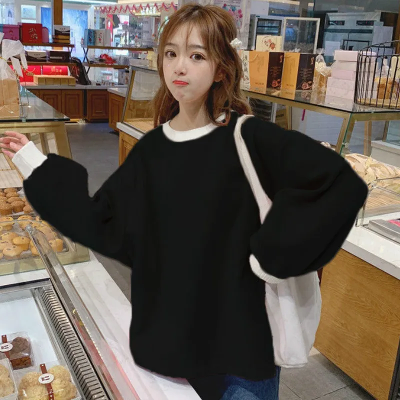 

women hoodies patchwork o-neck long sleeve sweet girls thicken warm loose students korean style leisure lovely chic simple ins