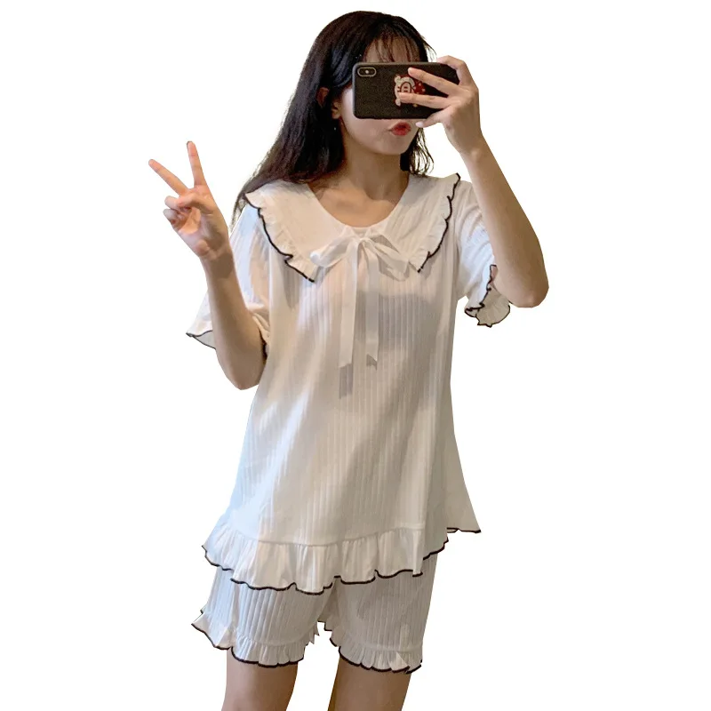 Summer Women's Pajamas Sets Cotton Sweet Pure Color Short Sleeve Shorts Comfortable Female Sleepwear Home Clothes Thin Nightwear