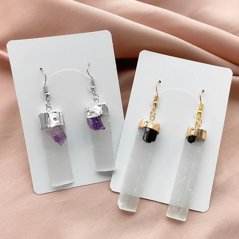 

Trendy Natural Stone Earrings Black Tourmaline Amethyst Long Statement Earrings for Women Rectangular Earrings Jewelry