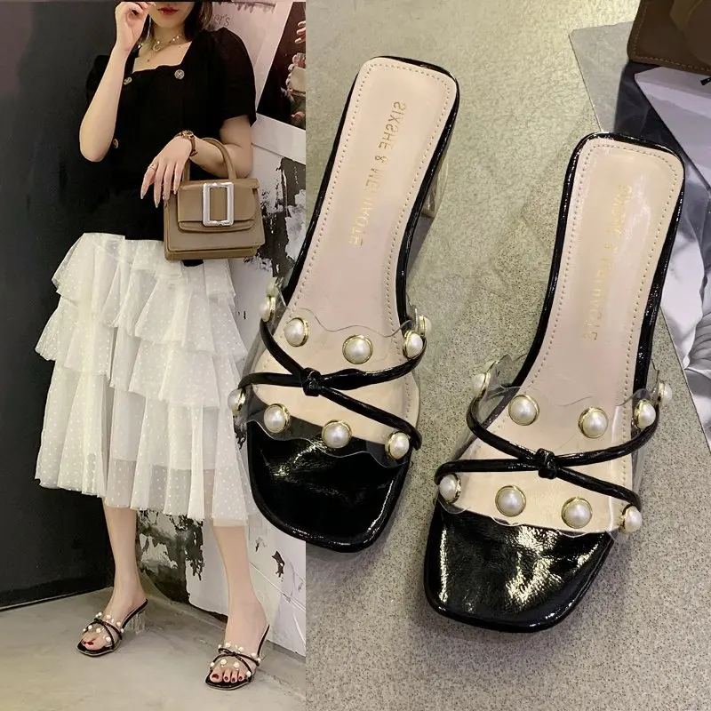 

2020 clear heels slippers women sandals summer shoes fish mouth square heels women pumps transparent high heels sandals