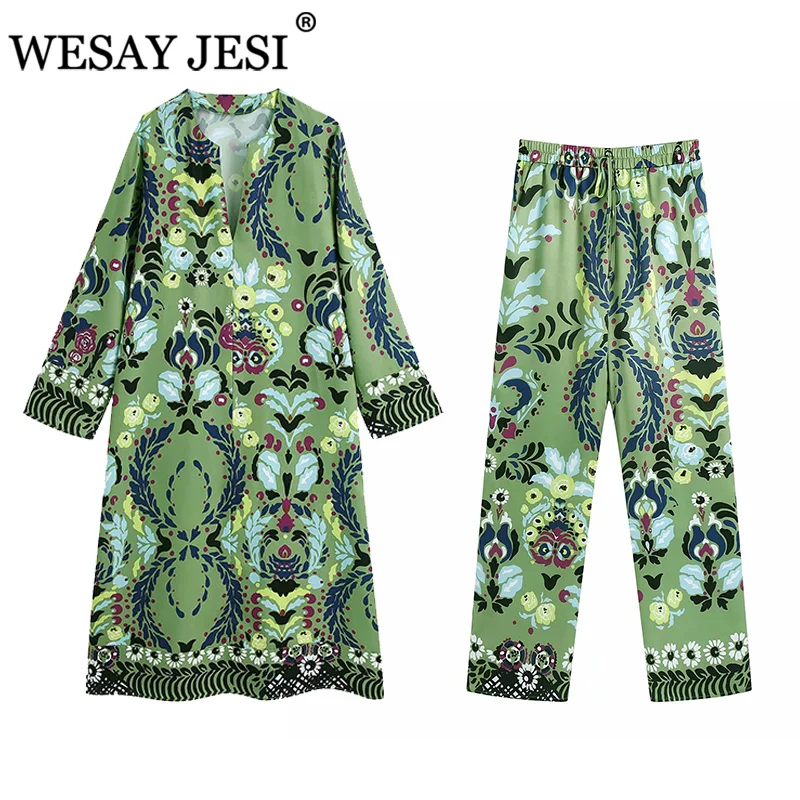 

WESAY JESI Women Clothes Suit TRAF ZA 2021 Women Print Plus Size Top Long Sleeve V-neck Elastic Waist Pants Pocket Loose Suits