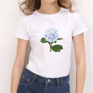 2021 Flower Printed 90s Short Sleeve Summer T-Shirt  Aesthetic Women Loose O Neck Harajuku Tops for Teens Casual white T-shirt