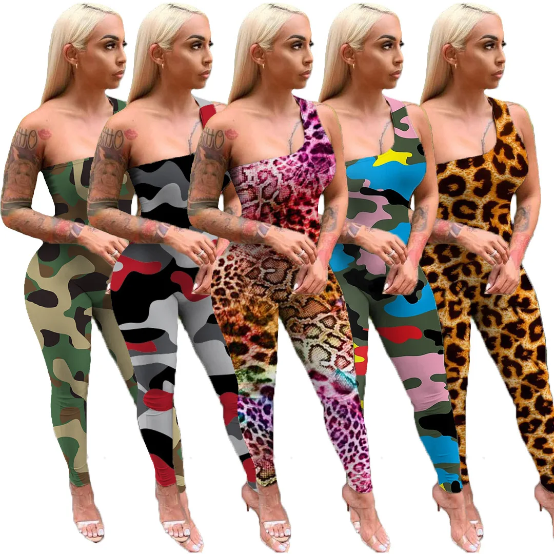 

Leopard Casual Women Rompers Fitness One Shoulder Sheer Skinny Jumpsuits Camo Summer Sexy Night Club Party One Piece Overalls