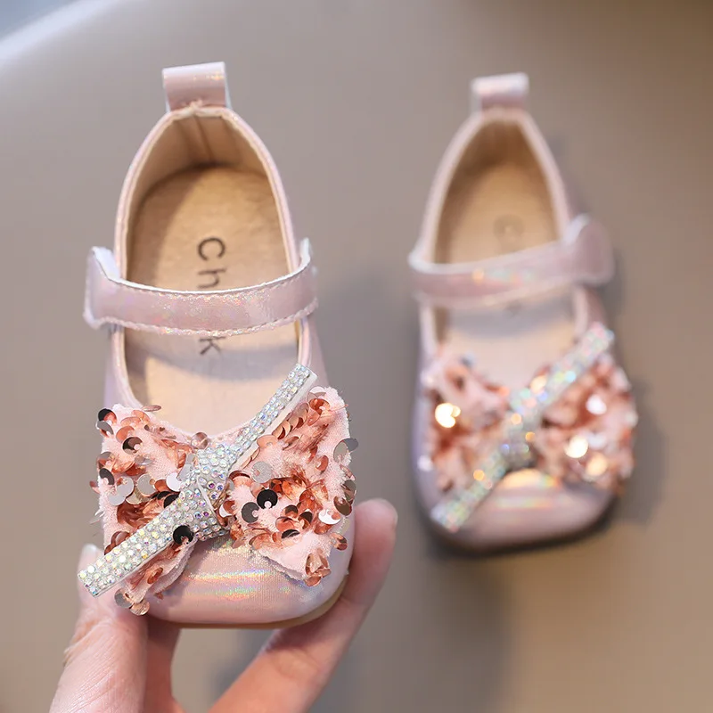 Zapatos de princesa con lentejuelas y lazo para ni&ntilde;as peque&ntilde;as, zapatillas de moda coreana, zapatos de piel sint&eacute;tica para beb&eacute;s, novedad de primavera-3