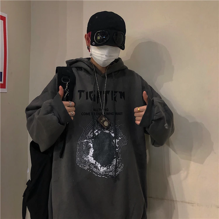 

Fall Winter Hooded Brushed Hoody Men's Fashion Ins Korean Style Harajuku Hongkong Style Dark Depressed Letters Loose Hoodie Men
