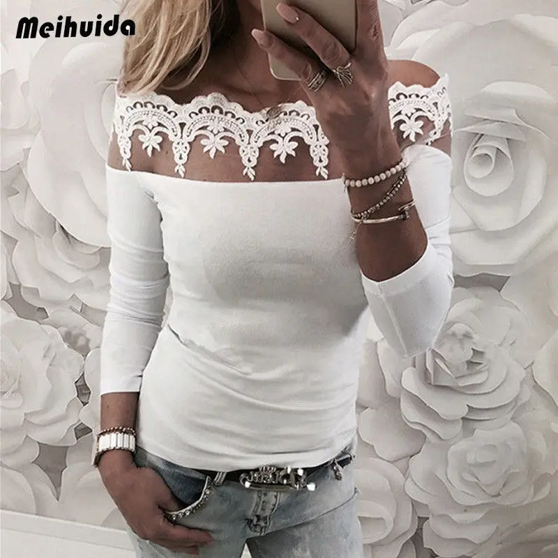 

Fashion Womens White Blouses Lace Loose Pullover Sexy Slash neck Long Sleeve Floral Casual Tops Shirt