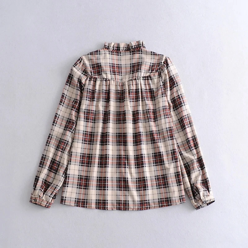 

New Splicing Puff Sleeve Check Print Shirt Women Vintage Pleated Collar Blouse Shirt Women Long Sleeve Chic Blusas Tops