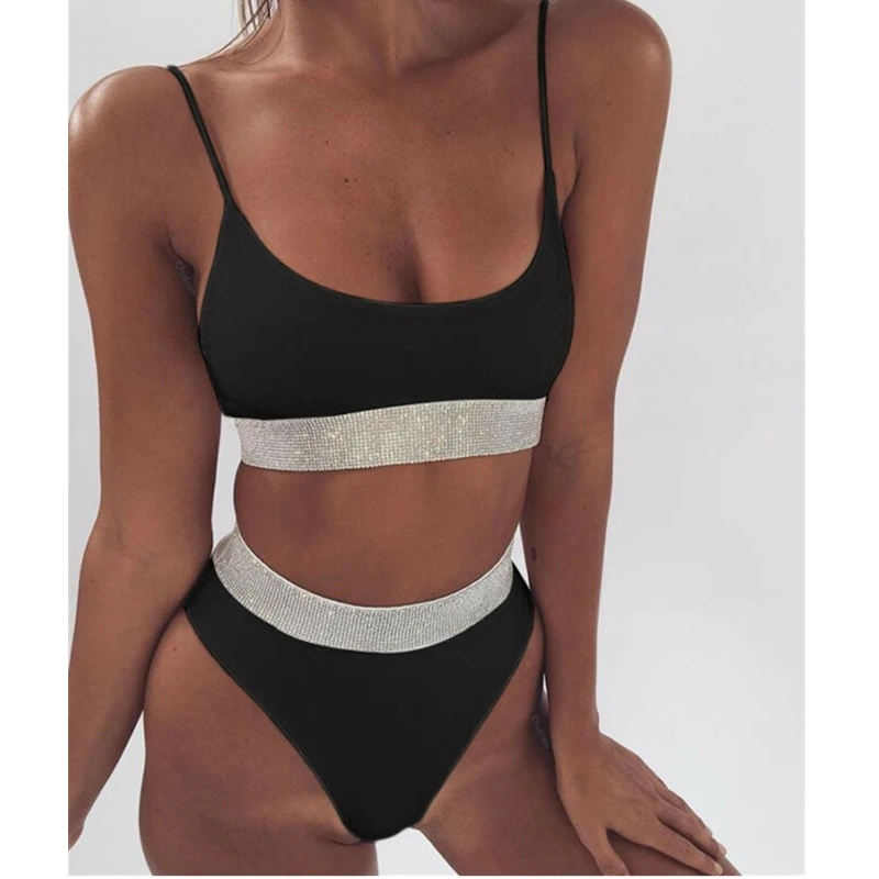 Женский купальник с высокой талией черный/белый пикантный бикини блестками