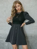 dgirl women long sleeve dress patchwork loose striped o neck dress bodycon zipper empire casual office ladies sashes dress