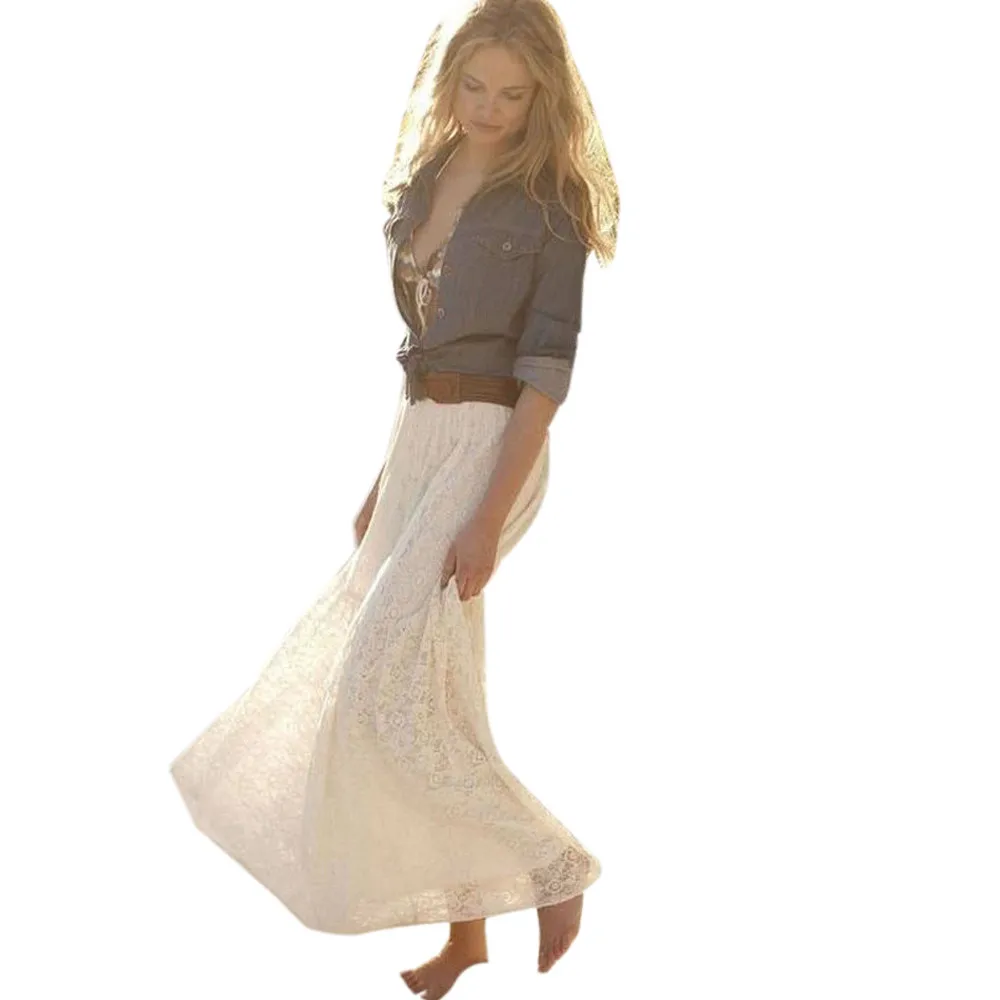 

Women Lace Double Layer Pleated Long Maxi Skirt Elastic Waist Skirt