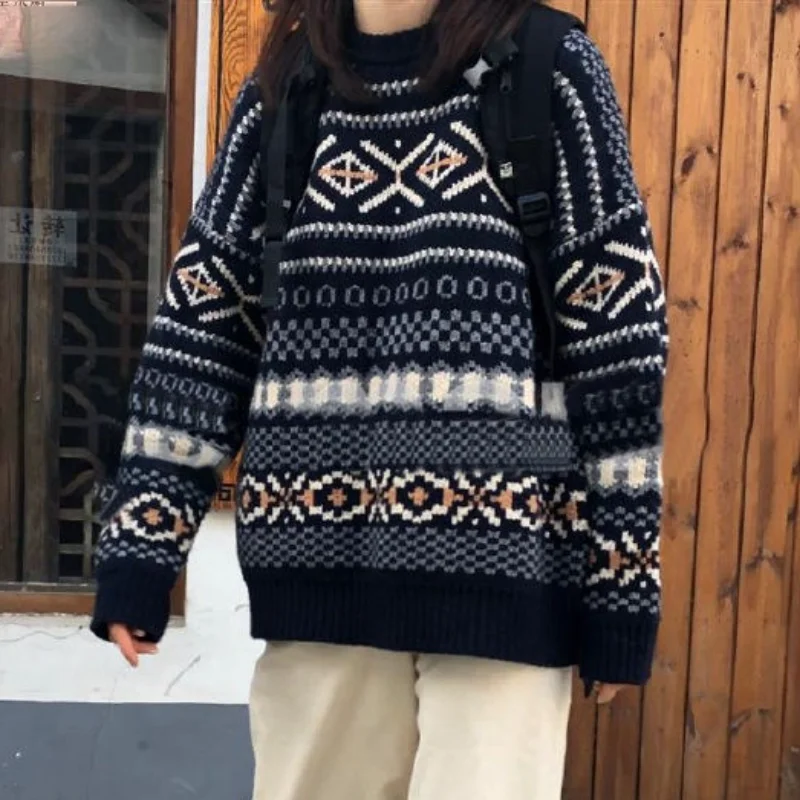 Женский свитер-пуловер оверсайз вязаный Повседневный винтажный свободный в