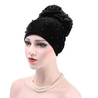 muslim women bead velvet big flower turban hat cancer bandanas chemo beanies caps headwear headwrap hijab hair accessories