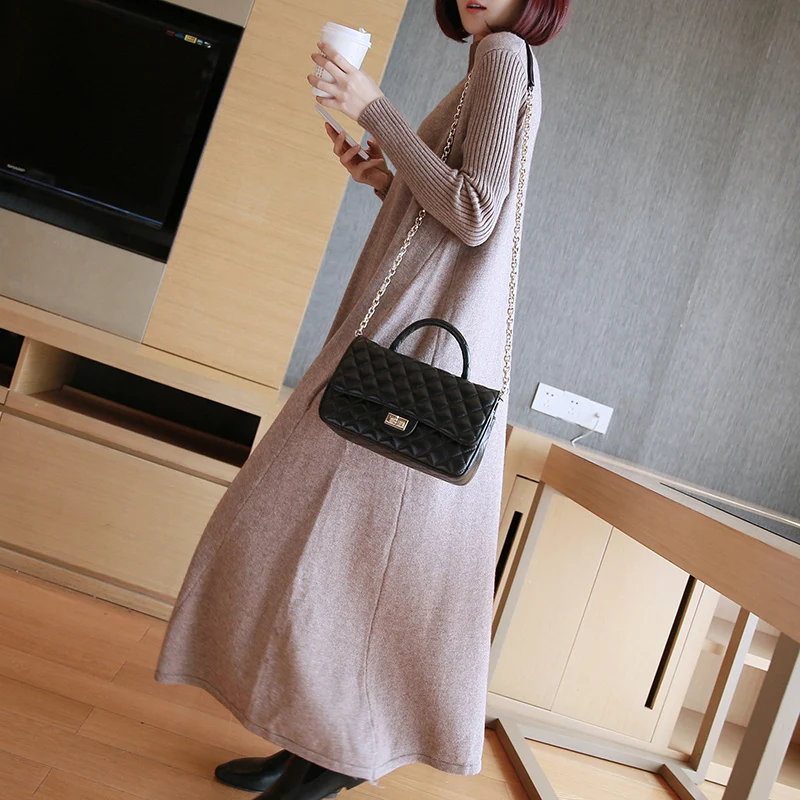 Осенне-зимний женский пуловер с высоким воротником длинное платье-свитер