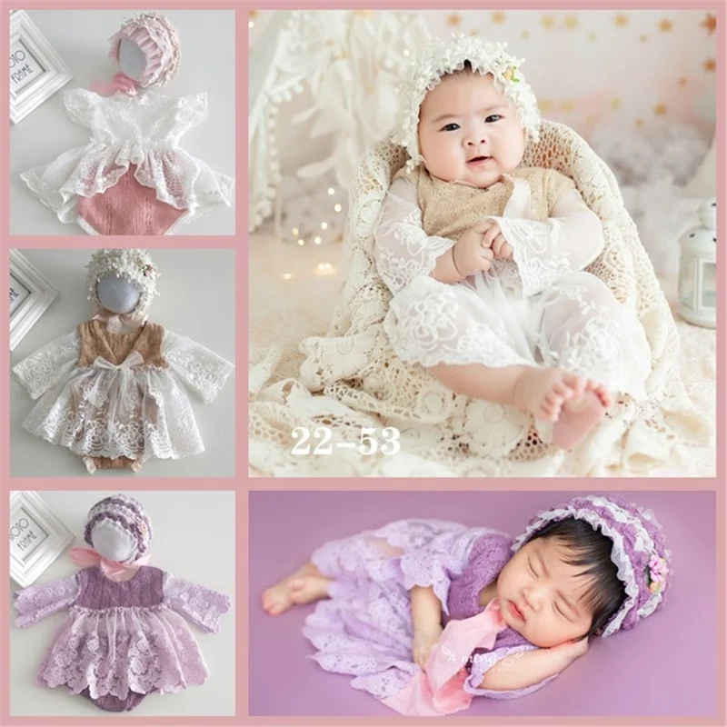 

3Pcs Newborn Photography Props Suit Lace Romper Hat Set Knit Outfits Clothing Infants Shooting Photo Gifts Princess