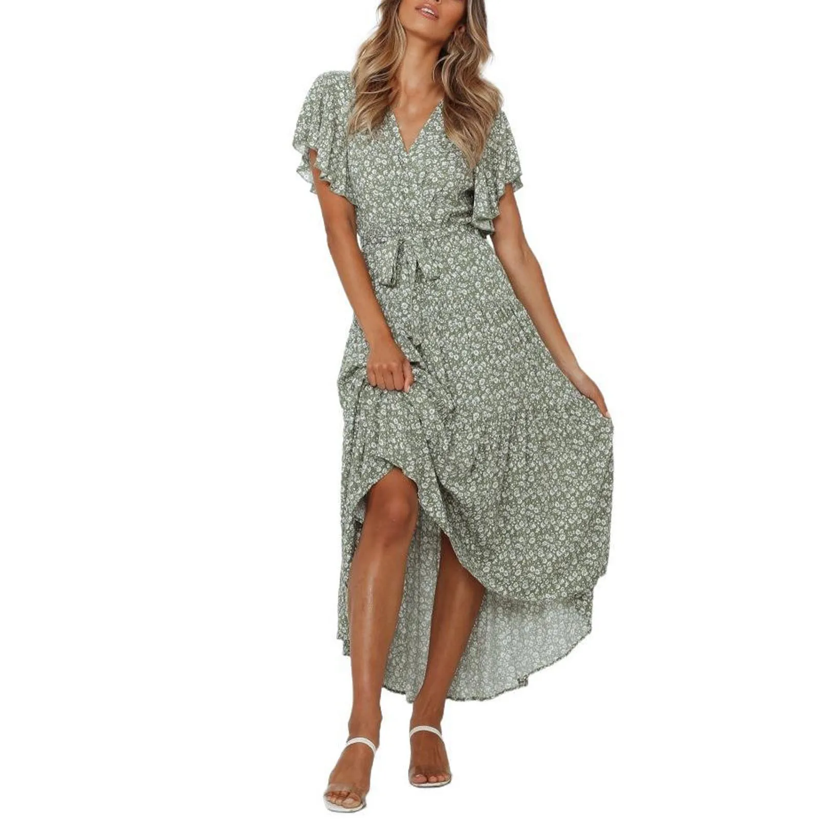 

Женское шифоновое платье с запахом, длинное Цветочное платье с V-образным вырезом и коротким рукавом, сарафан с высокой талией, лето