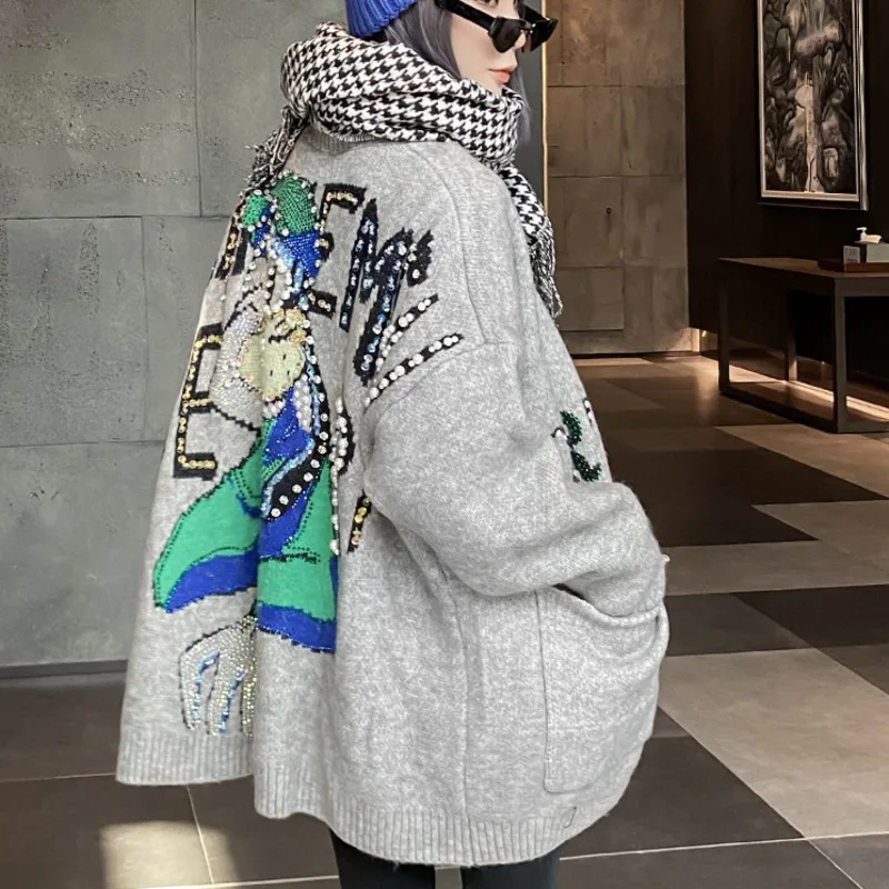 

XUXI V-neck Knitted Cardigan Women 2021 Autumn Winter New Bright Zircon Cartoon Printing Single Breasted Sweater Coat E3275