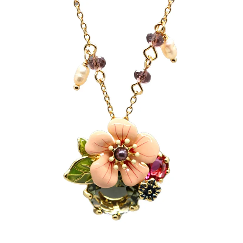 

FASHION STUDENT PINK FLOWER NECKLACE ENAMEL COLORED GLAZE FLOWER GREEN LEAF PEARL CRYSTAL NECKLACE