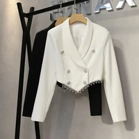 short white blazer for woman new chic design exquisite rhinestone chain double breasted cropped coat lady top spring autumn 2022