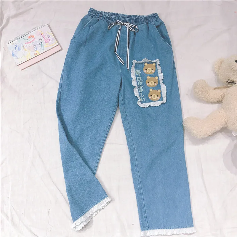 Japanese Lace Denim Pants Women Casual 
