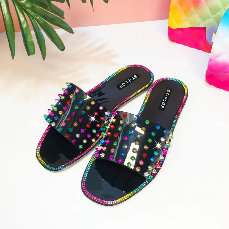 

Color Rivet Jelly Shoes Summer New Style Flat Sandals Outdoor Open-toed Slippers Outdoor Women's Shoes Large Size Women's Shoes