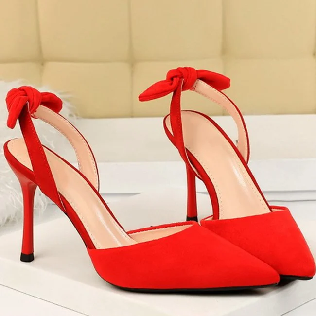 Boussac Elegant Bowtie Slingback High Heel Women Pumps Sexy Pointed Toe High Heels Ladies Shoes Suede Thin Heel Party Shoes B233